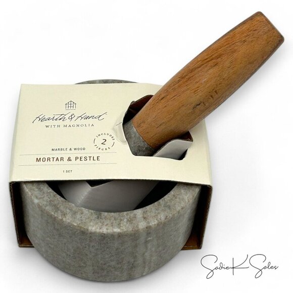 Hearth & Hand Magnolia 2pc Marble & Wood‎ Mortar and Pestle Set Warm Gray - Picture 4 of 9